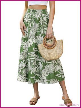 Womens Boho Floral A-Line Midi Skirt Summer Casual Long Skirt High Waist Stretch